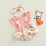 Fanvereka Newborn Infant Baby Girl Summer Outfits Romper Dress Flower Toddler Girls Tops Suspender Shorts + Headband Set (Pink, 0-3 Months)