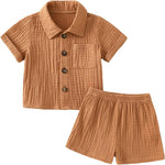 Baby Boys Clothes Set Toddler Infant Boys Button-down Shirt Tops + Cotton Gauze Shorts Summer Outfit 2PCS with Pockets
