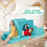 FURNAWAY 12pcs Modular Kids Play Couch - DIY Creativing Kids Couch for Boys and Girls Toddler Sofa Children Convertible Foam Sofa for Playroom Living Room(Cyan)