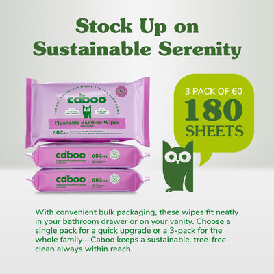 Caboo Lavender Flushable Wipes | Certified Flushable, Septic Safe, Chemical Free, Biodegradable Wipes for Adults made with Renewable Bamboo Based Viscose (Pack of 3, Total of 180)