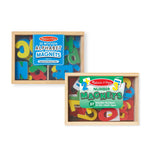 Two sets of Melissa & Doug wooden alphabet and number magnets in wooden trays on a white background.