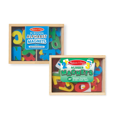 Two sets of Melissa & Doug wooden alphabet and number magnets in wooden trays on a white background.