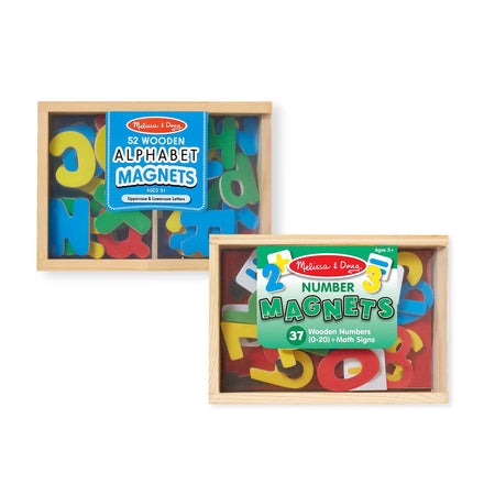 Two sets of Melissa & Doug wooden alphabet and number magnets in wooden trays on a white background.