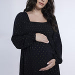 Motherhood Maternity Women's Long Sleeve Smocked Babydoll Mini Dress, Core Black, Medium