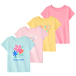 Garanimals Baby & Toddler Girl Flower Tees - Short Sleeve Tees - Kid's Casual Crew Neck - Size 3-6 Months - Yellow, Pink, Light Blue - 4 Pack