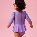 RuffleButts Baby Girls UPF50+ Princess Dress-Up Long Sleeve One Piece Swimsuit - Amethyst Princess, 12-18 Months