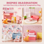 Tiny Land Wooden Dollhouse for Girls - 6 Rooms Wooden Doll House, DIY Pretend Doll House with 32Pcs Furniture Accessories, Creative Gift for Girl Ages 3+