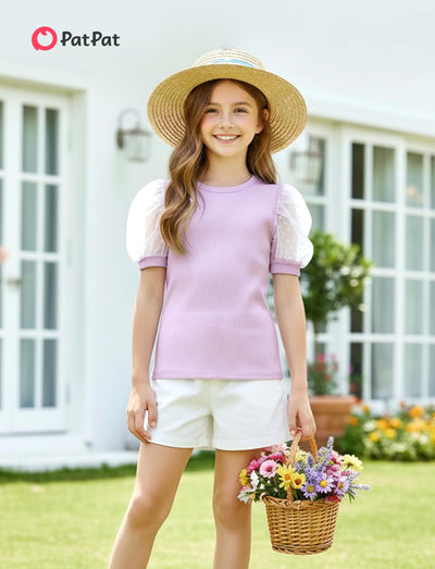 PATPAT Girls Puff Sleeve Top Size 10-11 Ribbed Short Sleeve Purple Mesh Blouse Girls Purple Dress Shirt Cute Preppy Clothes Kids Smocked Blouse Tunic Tops