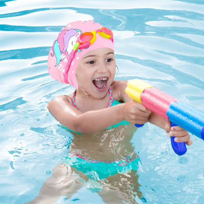 Kids Swim Caps for Girls (Age 2-6), Durable Waterproof Silicone Swimming Cap for Short Hair with Swimming Goggles, Ear Plug and Nose Clip (Pink, Large (6-12 Years))
