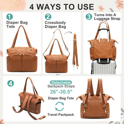 MOMINSIDE Diaper Bag Tote, 4 in 1 Leather Diaper Bag Backpack with 14 Pockets, Convertible Baby Bag for Boys Girls, Baby Registry, Changing Pad, 4 Large Insulated Pockets(Brown)