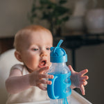 Dr. Brown's Milestones Narrow Sippy Straw Bottle, Spill-Proof with 100% Silicone Handles and Weighted Straw, 8 oz/250 mL, Blue, 6m+