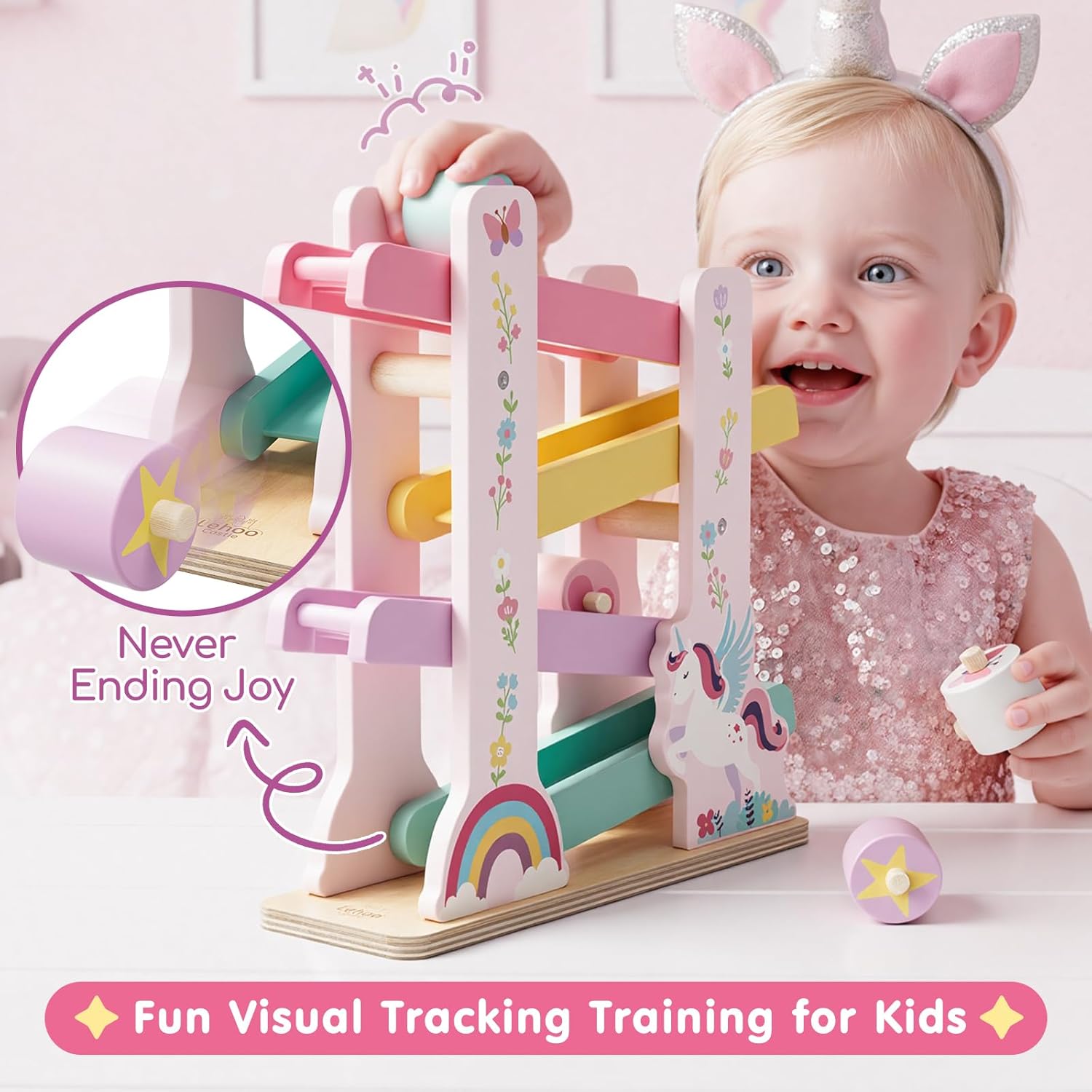 Lehoo Castle Wooden Car Ramp Toys for 1 Year Old Girl Birthday Gifts, Unicorn Montessori Toys for One Year Old, Wooden Race Track with 4 Rollers, for Toddlers 1-3 Year Old