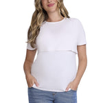 Motherhood Maternity Women's Short Sleeve Crew Neck Nursing Tee Shirt for Breastfeeding with Easy Access, White, Large