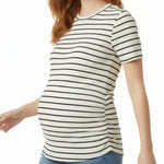 Motherhood Maternity Women's Short Sleeve Crew Neck Side Ruching Pregnancy Tee Shirt, Vanilla/Black Stripe, Large
