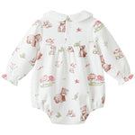 pureborn Baby Girls Bodysuit Peter Pan Collar Bubble Romper Long Sleeve Cotton One-Piece Outfit Mushroom Bear 0-3 Months