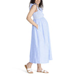 Motherhood Maternity Women's Sleeveless Ruffle Shoulder Smocked Maxi Pregnancy Dress, Blue/White Stripe, Medium