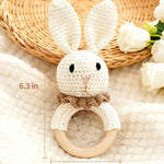 Baby Rattle Toys, Handcrafted Crochet Bunny Rattles with Wooden Teething Ring, Organic Newborn Toy Crochet Stuffed Animal Rattle Baby Announcement Ideas, Beige