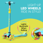 Dribbl 3-Wheel Kids Scooter - Lean-to-Steer Technology, Adjustable Height Handlebar, Wide Deck, Scooter for Boys & Girls Ages 3+, Child Safety Approved, Support Riders Up to 165 lbs, Aqua and Yellow