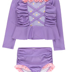 RuffleButts Girls UPF50+ Princess Dress-Up Long Sleeve Rash Guard 2-Piece Swimsuit - Amethyst Princess, 2T