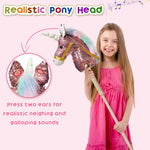 HollyHOME Sequin Unicorn Stick Horse Handcrafted Hobby Horse on a Stick with Wood Wheels Real Pony Neighing and Galloping Sounds Plush Unicorn Toy Pink 36 Inches(AA Batteries Required)