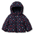 Amazon Essentials x Sofia Grainge Baby Girls' Water-Resistant Hooded Puffer Jacket, Navy Hearts, 18 Months