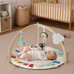 Blissful Diary Baby Play Gym & Activity Mat, 5 Developmental Zones Wooden Tummy Time Mat with 6 Detachable Sensory Toys for Motor Skills & Sensory Development, Baby Essentials Shower Gift
