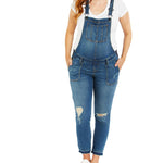 Motherhood Maternity Women's Indigo Blue Side Panel Skinny Ankle Pregnancy Denim Overalls, Medium Wash, Medium