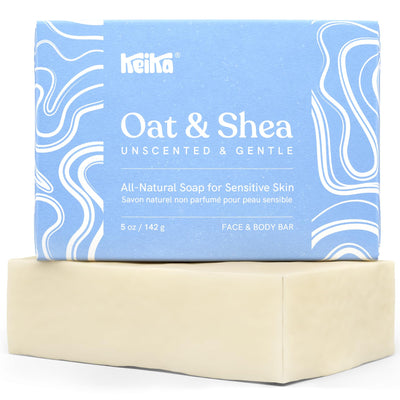 Heika Oat & Shea soap bar with blue packaging on a white background