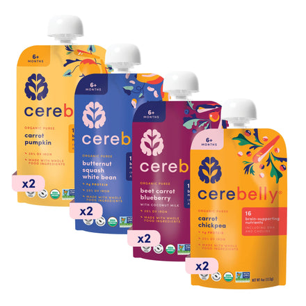 Assorted packages of cereb baby food pouches on a white background