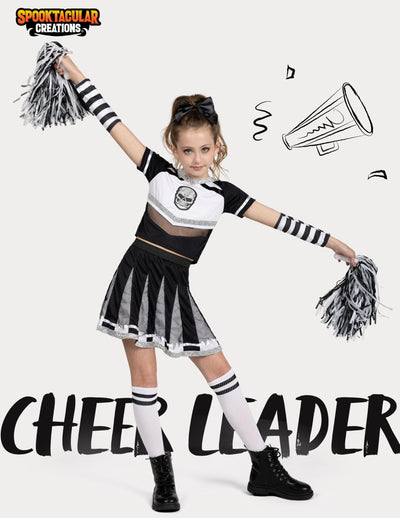 Spooktacular Creations Halloween Cheerleader Costume Girls, Bad Spirit Costume for Kids, Skull Scary Cheerleader Outfit with Accessories for Girls Halloween Parties Role Play, White Black, S