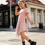 PATPAT Girls 2 Piece Skirt Sets Size 11-12 Years, Pink Shirts + Pink Plaid Skirts Clothing Sets Summer Outfits, Preppy Clothes for Girls Y2K Outfits Streetwear