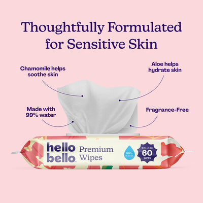 Hello Bello Premium Baby Wipes for Sensitive Skin, Hypoallergenic, Fragrance-Free, 99% Water with Chamomile & Aloe, Multi-Use, Rosy Posy, 9 Resealable Packets, 540 Wipes