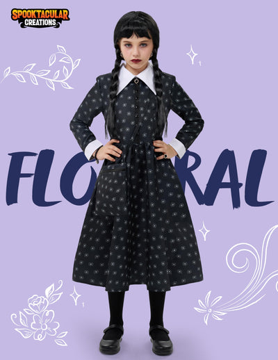 Spooktacular Creations Girls Halloween Black Costume, Black Floral Print Dress with Wig and Stocks for Girls Kids Halloween Dress Up and Role-Playing(Large(10-12 yrs))