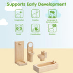 PlanToys® Bathroom Classic Set for Montessori Inspired Home and Small World Play | Practical Life, Social Skills and Imaginative Scene Building | Eco Friendly Wooden Dollhouse Bathroom Furniture