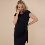Motherhood Maternity Women's Short Sleeve Crew Neck Side Tie Detail Midi Casual Pregnancy Dress, Black, Small