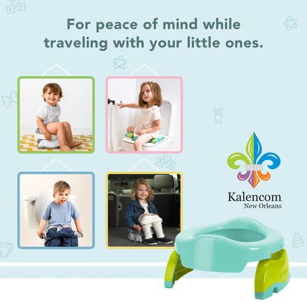 Advertisement for a children's potty seat with images of children using it and text about peace of mind during travel, featuring the brand 'Kalencom'.