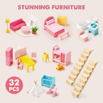 Tiny Land Wooden Dollhouse for Girls - 6 Rooms Wooden Doll House, DIY Pretend Doll House with 32Pcs Furniture Accessories, Creative Gift for Girl Ages 3+