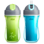 Chicco Flip-Top Straw Cup 9oz | Insulated Toddler Sippy Cup with Soft Silicone Straw | No-Spill Valve | Easy-Clean | BPA-Free | 2pk | For Ages 12+ Months | Green Play/Teal