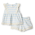 Amazon Essentials x Sofia Grainge Baby Girls' Cotton Eyelet Top & Shorts Play Set, Pale Blue Bold Stripe, 18 Months
