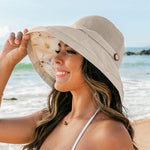 Women's-Mesh-Sun-Hats Wide-Brim Summer Beach Bucket Caps for Girls Outdoor-UV-Protection Foldable-Fishing-Hat Chin Strap Beige