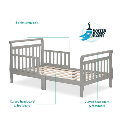 Dream On Me Classic Sleigh Toddler Bed in Cool Grey – Baby Safety Alliance Certified, Low-to-Floor Design, Non-Toxic Finish, Wooden Safety Rails