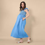 Motherhood Maternity Sleeveless Ruffle Shoulder Smocked Maxi Pregnancy Dress, Chambray, Medium
