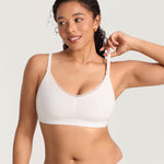 MOMANDA Lace Cotton Nursing Bras for Breastfeeding V Neck Wireless Nursing Sleep Bralettes Ultra Soft Iceland White Medium
