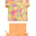 RuffleButts Girls UPF50+ Long Sleeve Rash Guard Ruffle Shorts 2-Piece Swimsuit - Neon Color Block, 2T