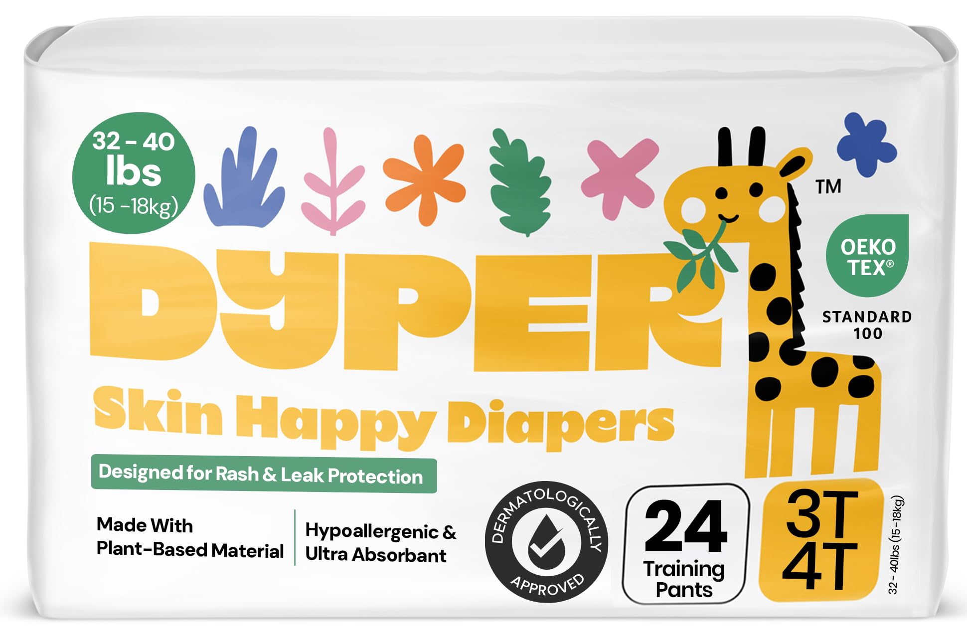 DYPER Toddler Training Pants 3T-4T for Boys & Girls Hypoallergenic, Unscented, Plant-Based & Perfect for Sensitive Skin, Leakproof Potty Training Pants for Day & Overnight Protection (24 Count)