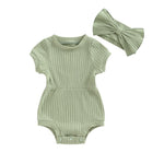 FOCUSNORM Baby Girl Summer Clothes Ribbed Short Sleeve Romper Solid Color Bodysuits Bow Headband Outfit Newborn Girl Jumpsuit (Pea Green, 0-3 Months)