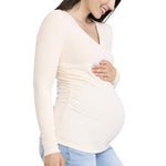 Motherhood Maternity Women's Long Sleeve V-Neck Side Ruched Henley Pregnancy Tee Shirt, Whitecap Grey, X-Large