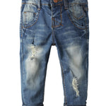 KIDSCOOL SPACE Baby Girl Boy Jean,D Ring Elastic Band Inside Ripped Denim Pants,Blue,7-8 Years