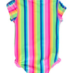 RuffleButts Girls UPF50+ Sun Protection Front Zipper Short Sleeve Rash Guard One Piece Swimsuit - Neon Rainbow Stripe, 2T