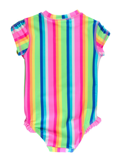 RuffleButts Girls UPF50+ Sun Protection Front Zipper Short Sleeve Rash Guard One Piece Swimsuit - Neon Rainbow Stripe, 2T